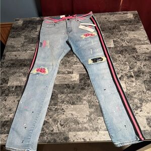 Stylish Focus Light Blue Distressed Jeans with Pink and Black Stripes